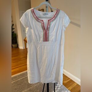 Boden white linen Sorrento lined dress with flat square beaded neckline detail.